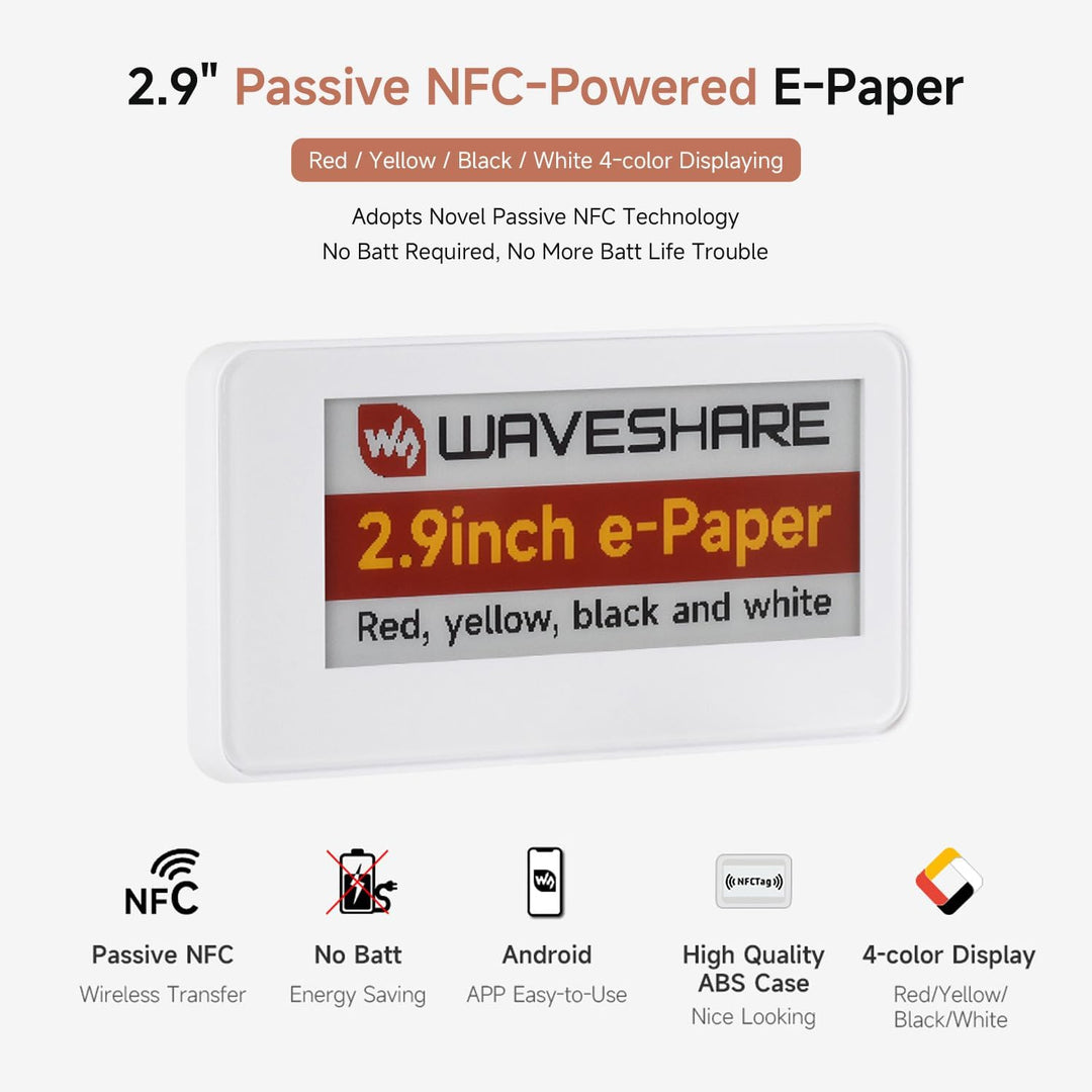 Waveshare 2.9inch Passive NFC-Powered e-Paper (G), Red/Yellow/Black/White 4-Color Displaying, No Bat