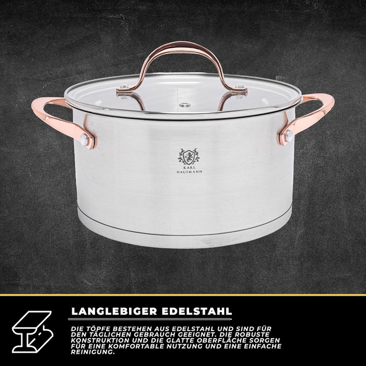Topfset Induktion Edelstahl 3-Teilig - Kochtöpfe für Alle Herdarten - Kochtopf Set mit Glasdeckel -