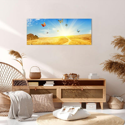 Wandbilder Dekoration Wohnzimmer Schmetterlinge Wiese Gras Panorama Bilder auf Leinwand 120x50cm Lei