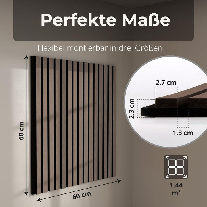 Akustikpaneele 60x60cm, 4 Stück Walnuss, Wandverkleidung Wanpaneele Holz, Lamellenwand mit Geräusche