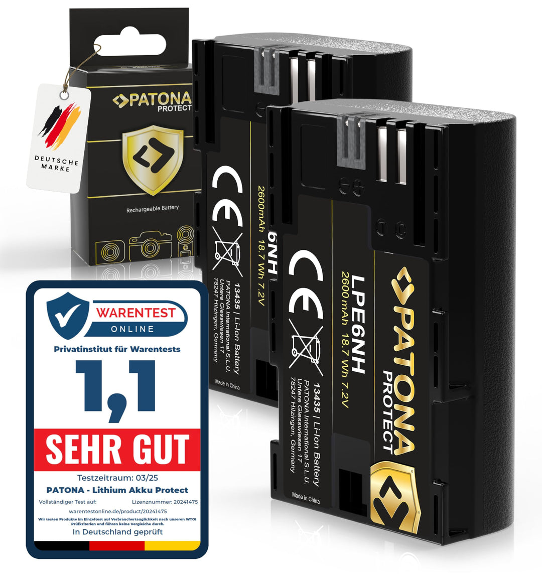 PATONA 2x PROTECT LP-E6NH Akku 2600mAh Ersatzakku kompatibel mit Canon EOS R5 R6 R6II R7 5D Mark II