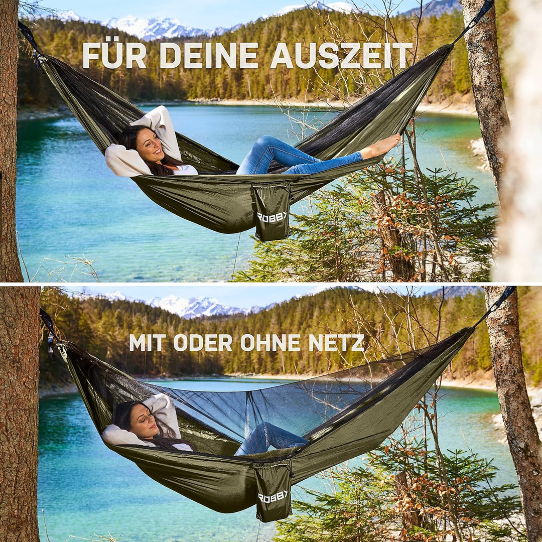 ROBBX® Hängematte Outdoor mit Moskitonetz für 2 Personen | 300kg Traglast | Doppelhängematte mit Bef
