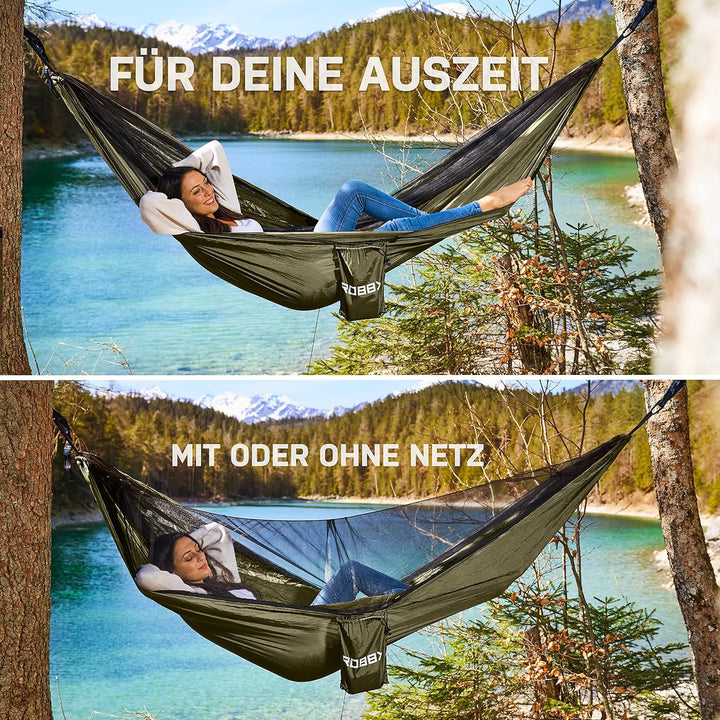 ROBBX® Hängematte Outdoor mit Moskitonetz für 2 Personen | 300kg Traglast | Doppelhängematte mit Bef