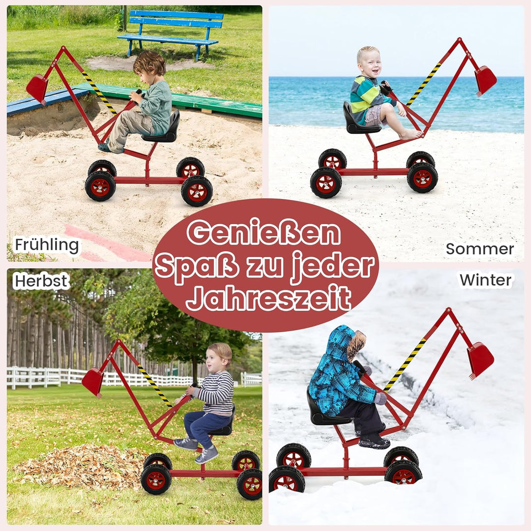 GOPLUS Kinder Sitzbagger, Aufsitzbagger mit 360° drehbarem Sitz, 2 Armen und 4 rutschfesten Rädern,