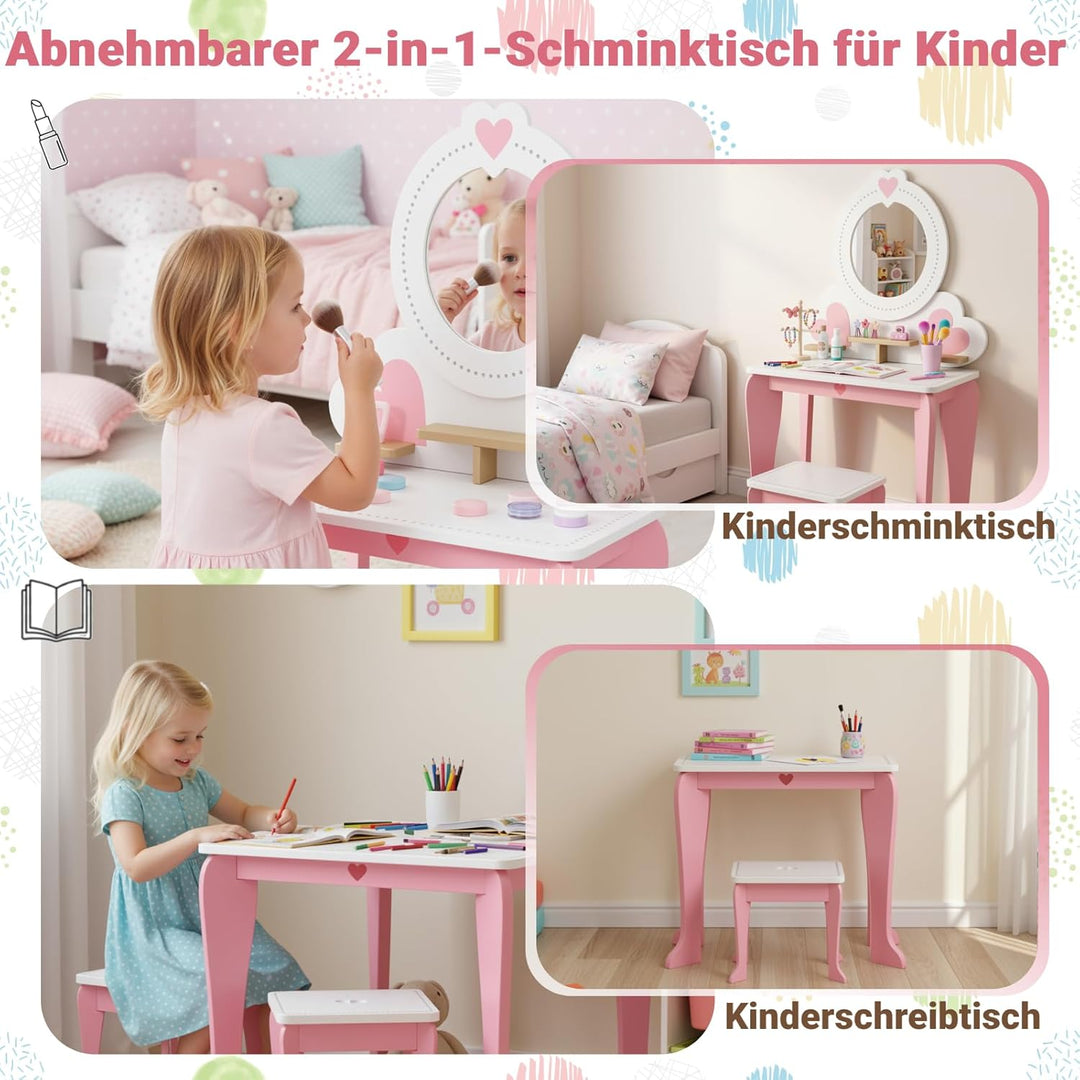 Clevich Schminktisch Kinder Set, 2 in 1 Kinderschminktisch mit Spiegel, Aufbewahrungsregale, Schreib