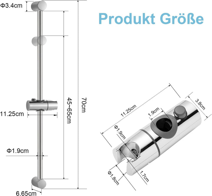 OFFO Edelstahl Duschstange 68cm, Wandmontierte Brausestange Verstellbar Abstand 38 bis 66cm mit Dusc
