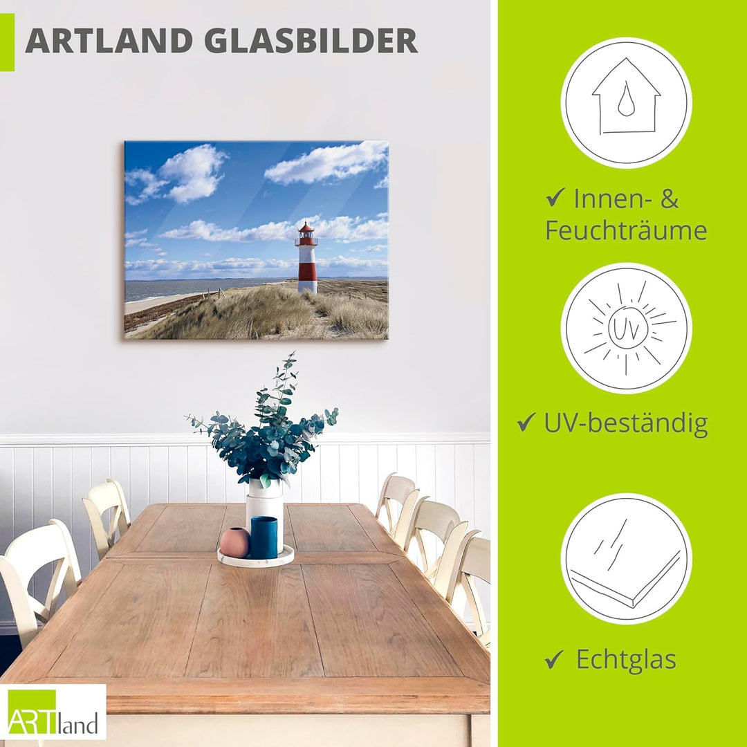 ARTland Glasbilder Wandbild Glas Bild einteilig 80x60 cm Querformat Strand Meer Nordsee Leuchtturm S