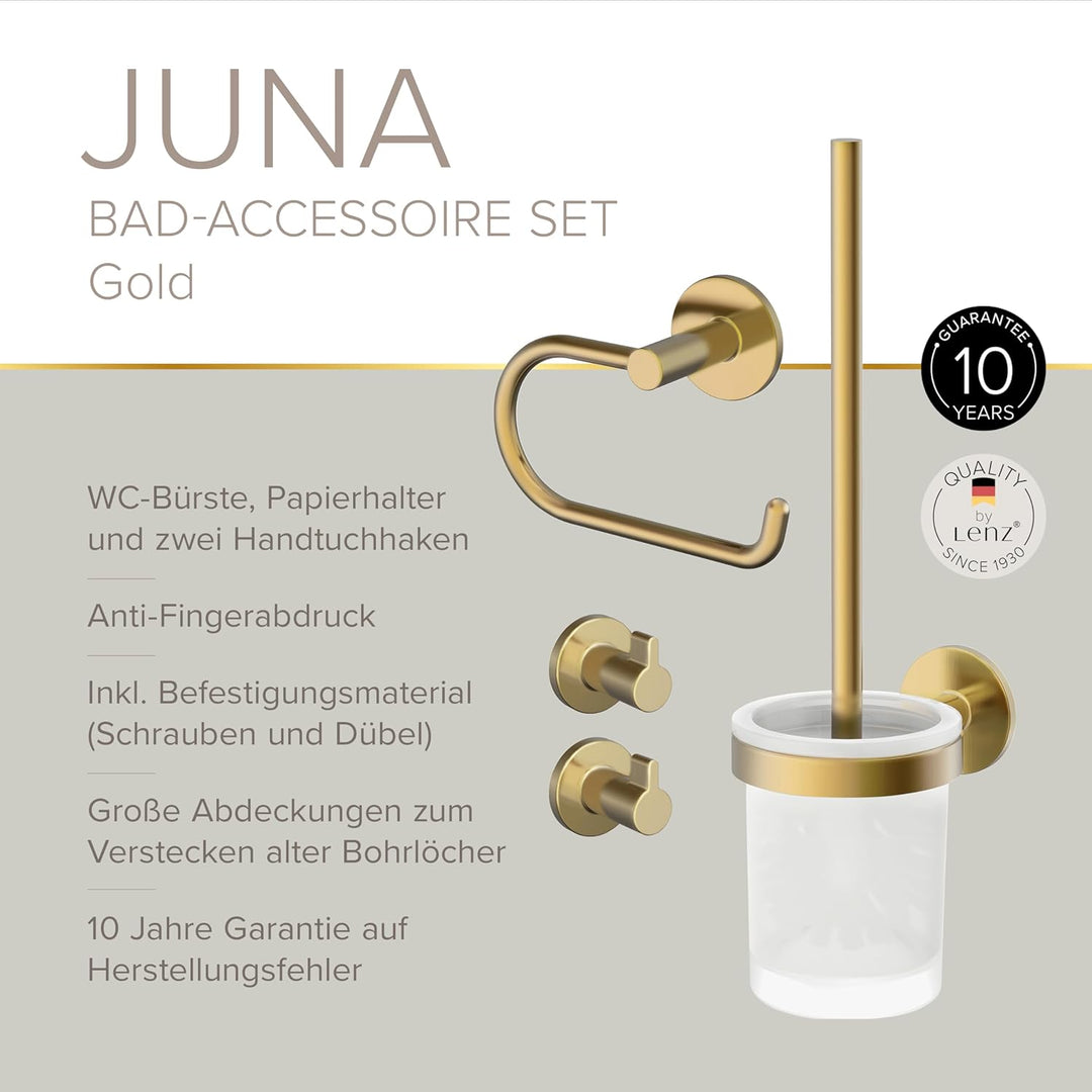 Lenz Bad-Accessoire-Set Juna in Gold – 4-teilig – Toilettenpapierhalter, WC-Bürstengarnitur und Zwei