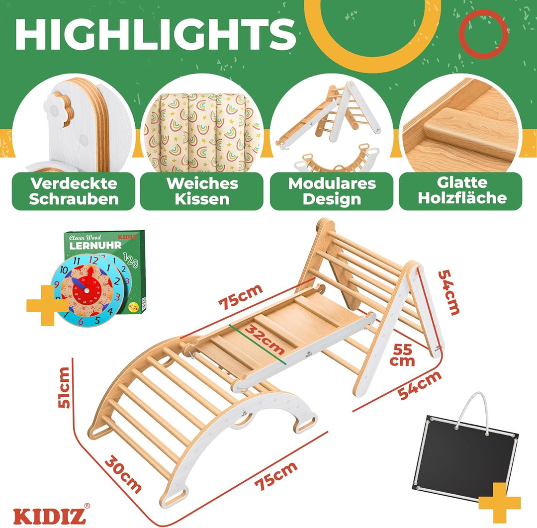 Kidiz® Klettergerüst Montessori 7in1 Spiel-Set mit Kletterbogen Rutsche Kletterdreieck aus Holz inkl