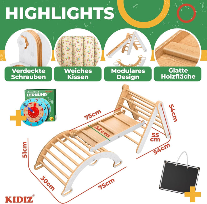 Kidiz® Klettergerüst Montessori 7in1 Spiel-Set mit Kletterbogen Rutsche Kletterdreieck aus Holz inkl