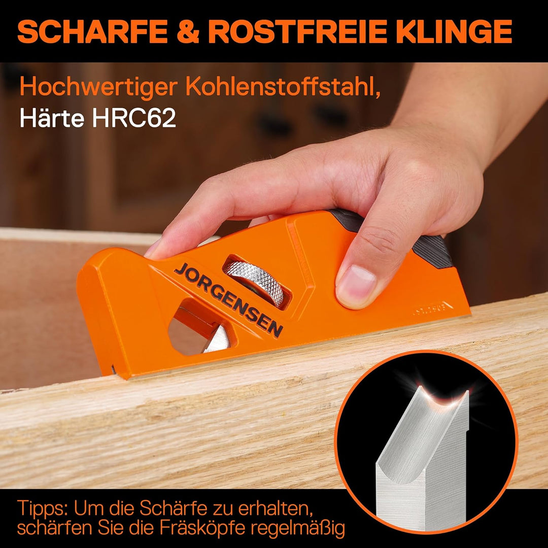 JORGENSEN Kantenhobel Holz mit 4 Schneidköpfen 45°/3/5/6mm, Fasenhobel Eckhobel für Holzbearbeitung,