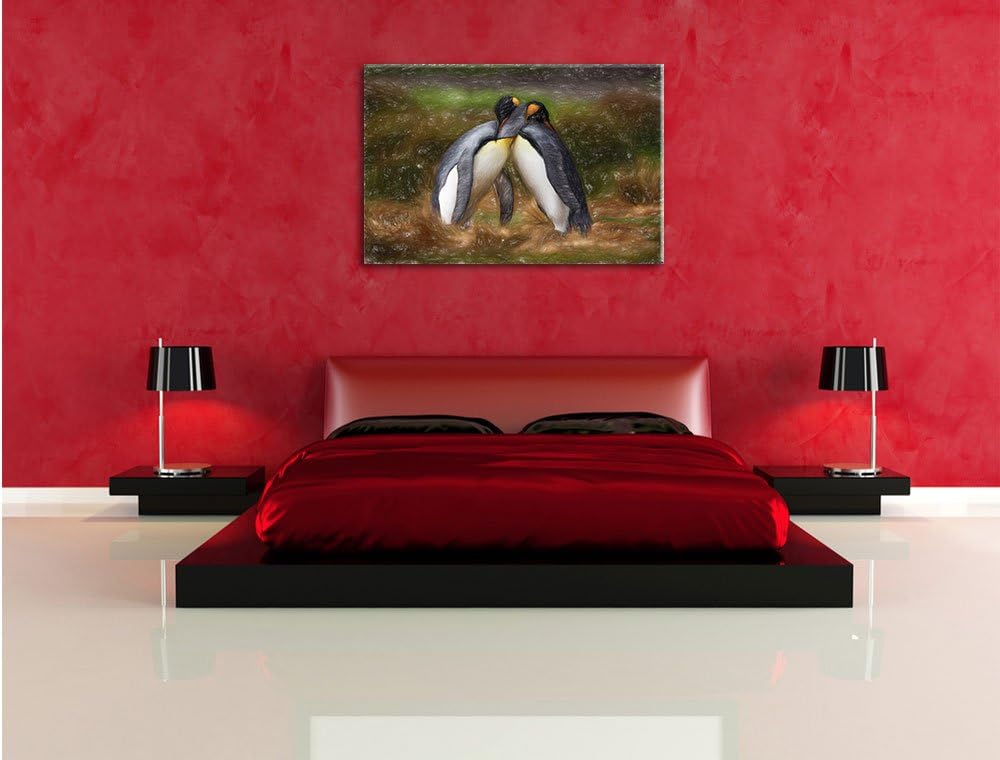 Umarmende Pinguine in der Antarktis Kunst Buntstift Effekt, Format: 100x70 auf Leinwand, XXL riesige