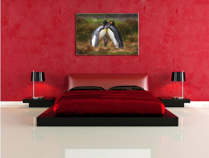 Umarmende Pinguine in der Antarktis Kunst Buntstift Effekt, Format: 100x70 auf Leinwand, XXL riesige