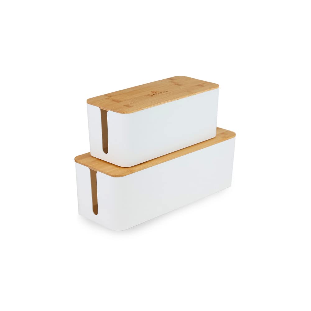 addhome Kabelbox 2er Set | Kabelchaos ordnen mit Stil | Weisser ABS-Kunststoff und Bambusdeckel | pa