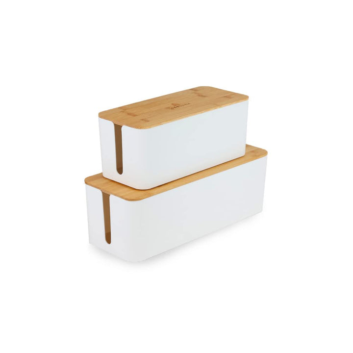 addhome Kabelbox 2er Set | Kabelchaos ordnen mit Stil | Weisser ABS-Kunststoff und Bambusdeckel | pa