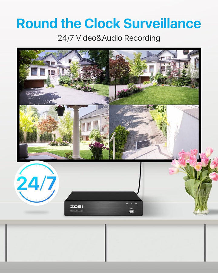 ZOSI 4K PoE Überwachungskamera Set Aussen mit 2TB HDD, 8X 8MP PoE Sicherheitskamera, 8CH NVR für 24/