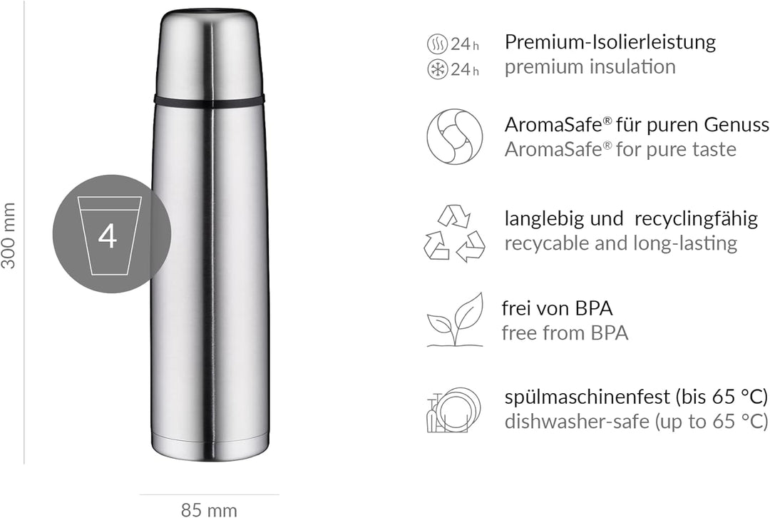 alfi ISOTHERM PERFECT DV 1,0l, Isolierflasche aus Edelstahl mit Trinkbecher, absolut dicht mit Drehv