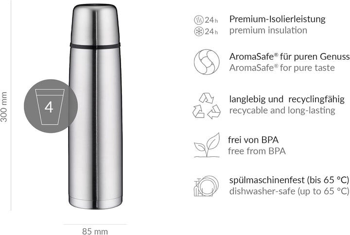 alfi ISOTHERM PERFECT DV 1,0l, Isolierflasche aus Edelstahl mit Trinkbecher, absolut dicht mit Drehv