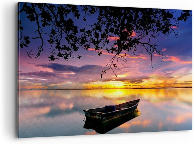 Bilder auf Leinwand 100x70cm Leinwandbild Boot Sonnenuntergang See Himmel Gross Wanddeko Bild Schlaf