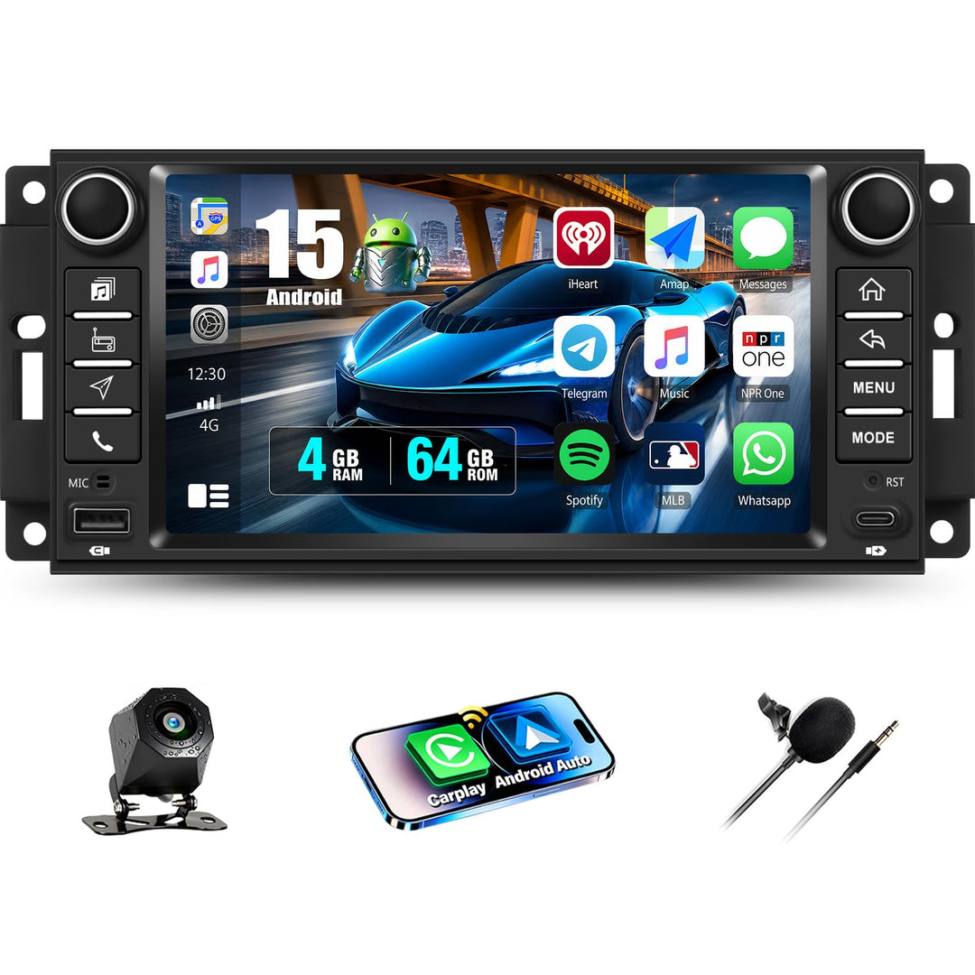 CAMECHO 4+64G 7 Zoll Android 15 Autoradio für Jeep Wrangler Dodge Challenger Compass, Navi Radio Blu