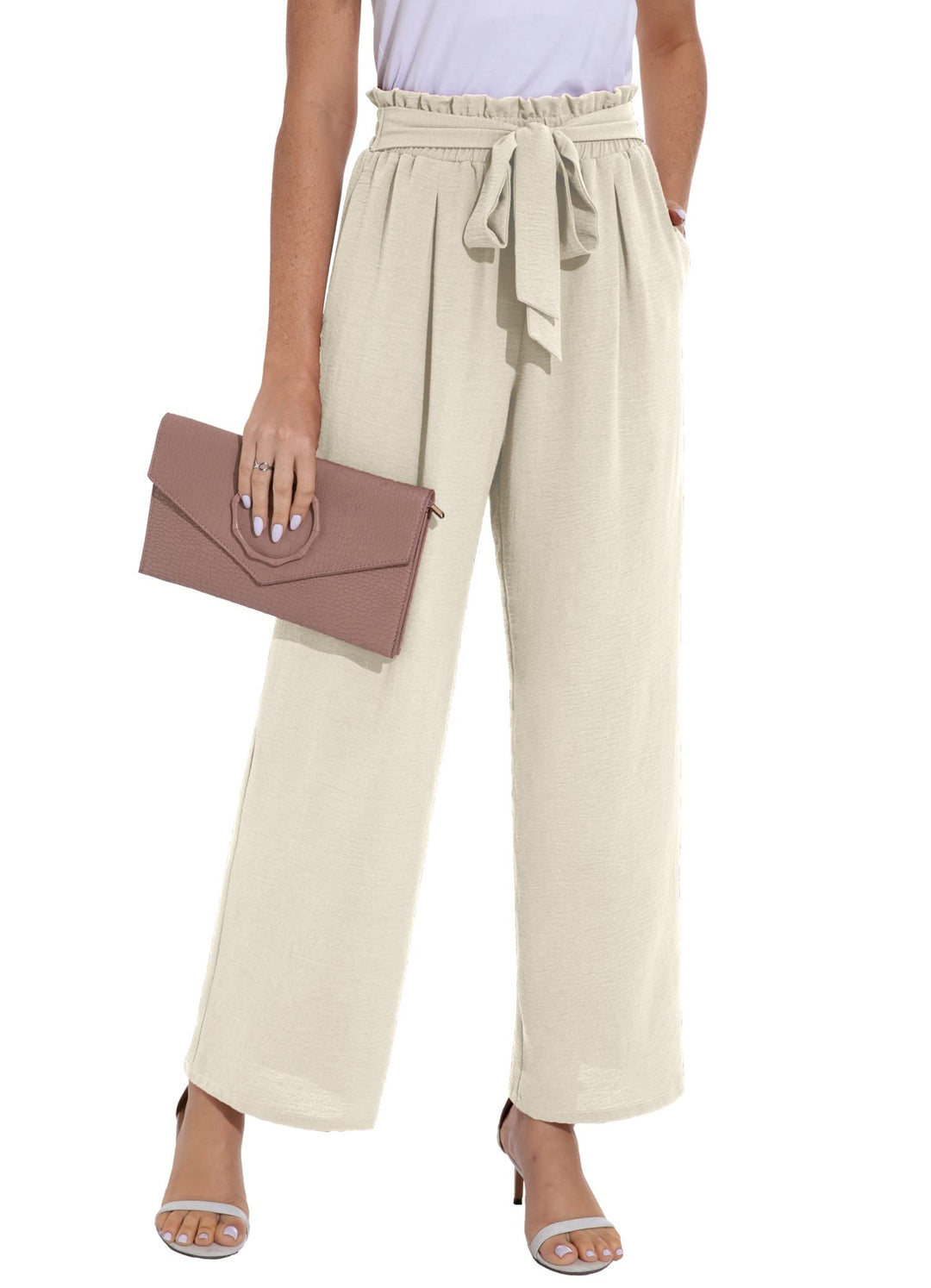 PrinStory Damen Hose Mit Weitem Bein Leichte Elastische Taille Sommer Hose Mit Taschen Kausale Arbei