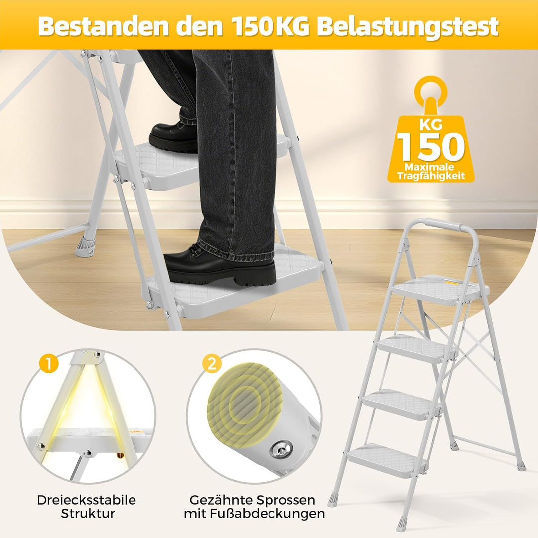 KINGRACK Trittleiter 4 Stufen Klappbar, Leiter mit Sicherheitsschloss | Haushaltsleiter Klapptritt m