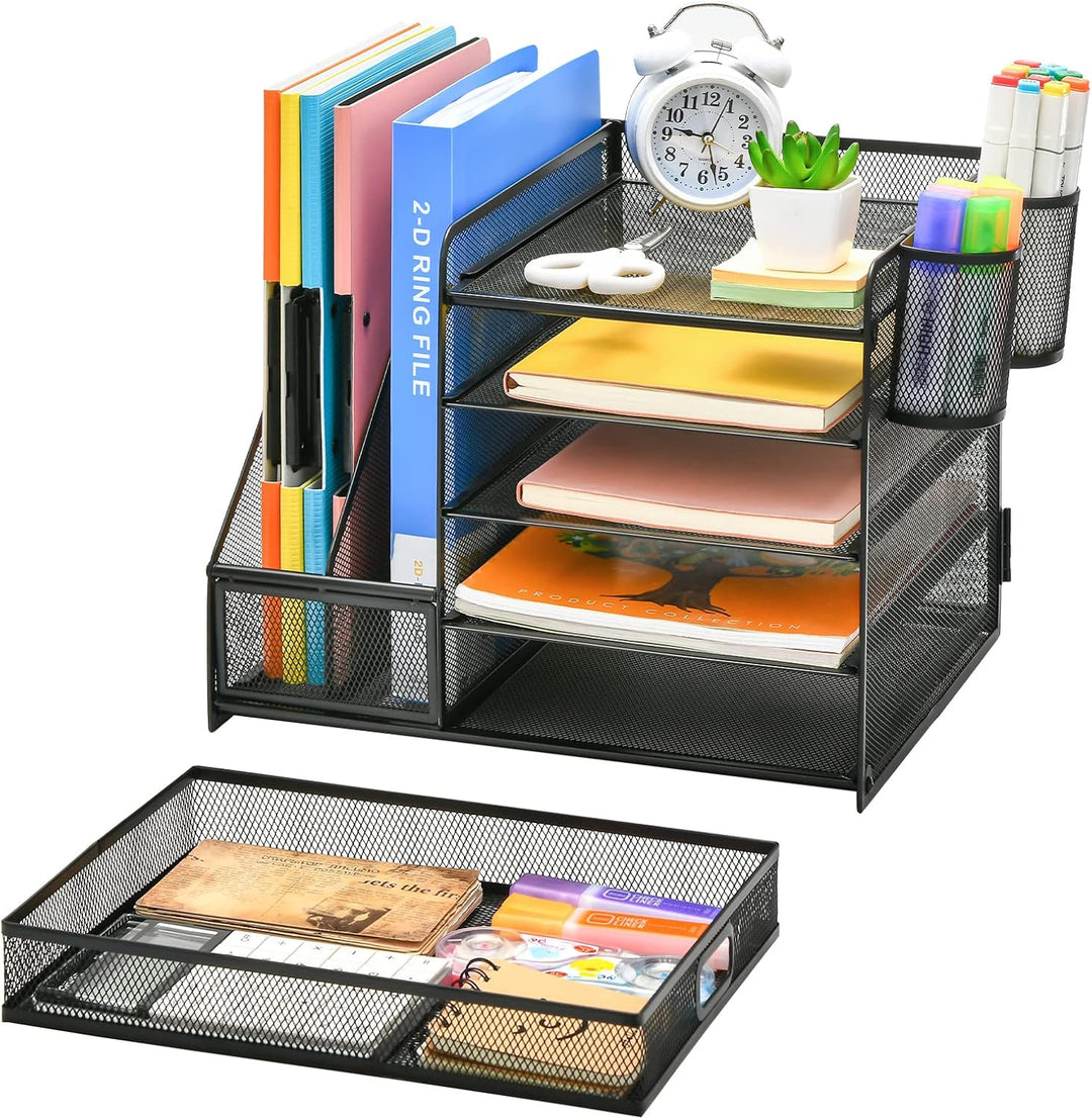 Marbrasse Schreibtisch Organizer mit Aktenhalter, 5 Ebenen Papier Briefablage mit Schublade und 2 St