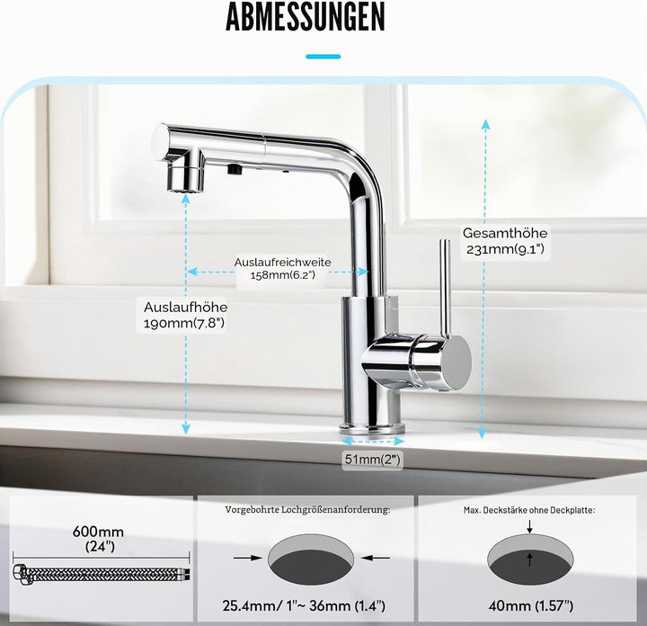 CREA Wasserhahn Küche mit 3 Funktionen Brause, Küchenarmatur mit Ausziehbarem Brause, Mischbatterie