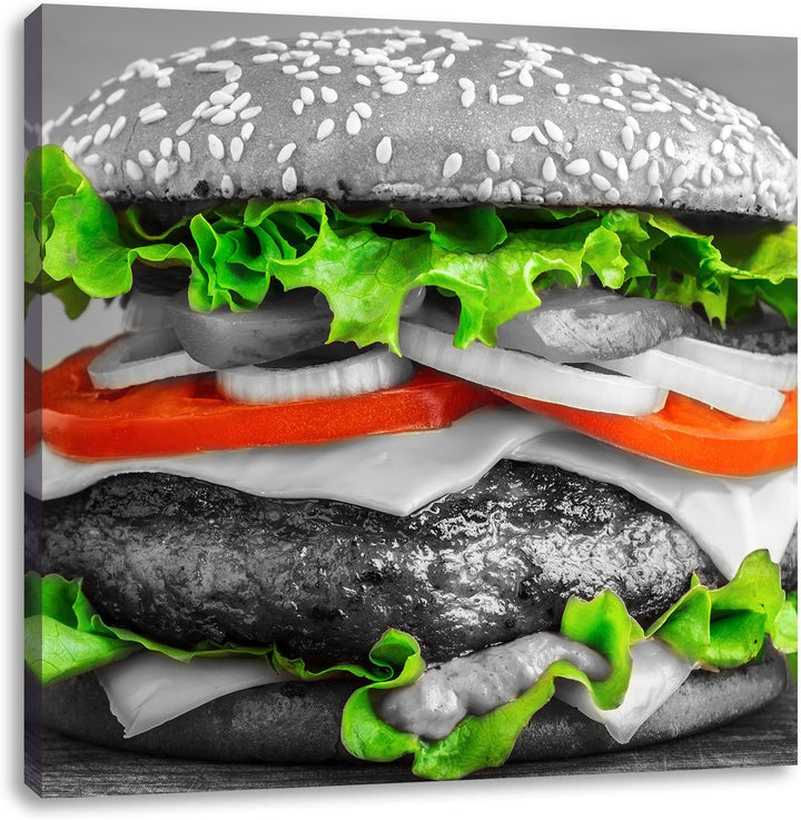 Pixxprint leckerer Hamburger mit Zwiebeln schwarz/weiss, Format: 70x70 als Leinwandbild, 70x70