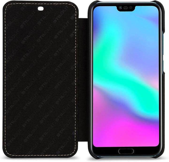 STILGUT Book Type Lederhülle kompatibel mit Huawei Honor 10. Seitlich klappbares Flip-Case aus Echtl