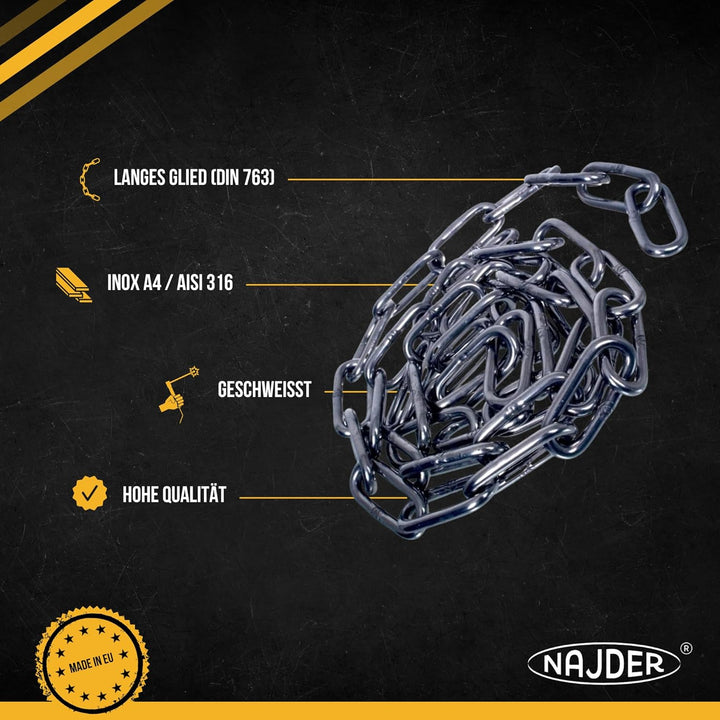 NAJDER Edelstahlkette 10m, Edelstahl Ketten, Sicherungskette, Kette Hängesessel, Absperrketten, Max