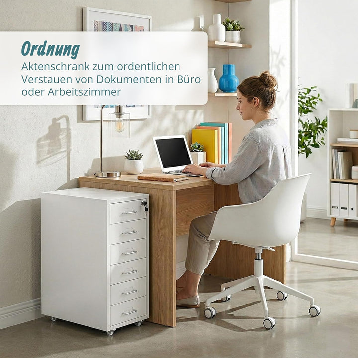 Relaxdays Rollcontainer, 6 Schubladen, HxBxT: 69 x 28 x 41 cm, abschliessbar, Aktenschrank auf Rolle