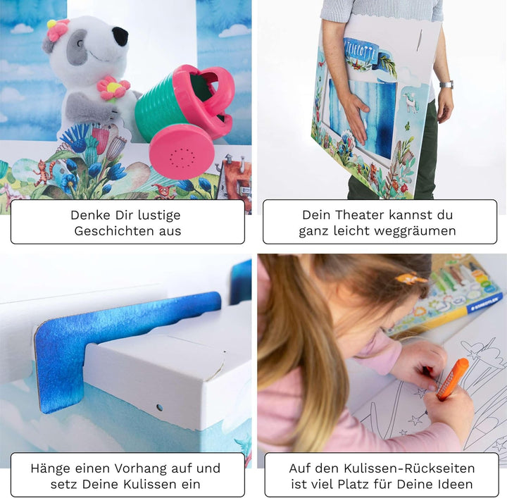 Tisch Puppentheater 47,3 x 75 x 38 cm aus Pappe Theater Karton - Kasperletheater inkl. Kulissen weis
