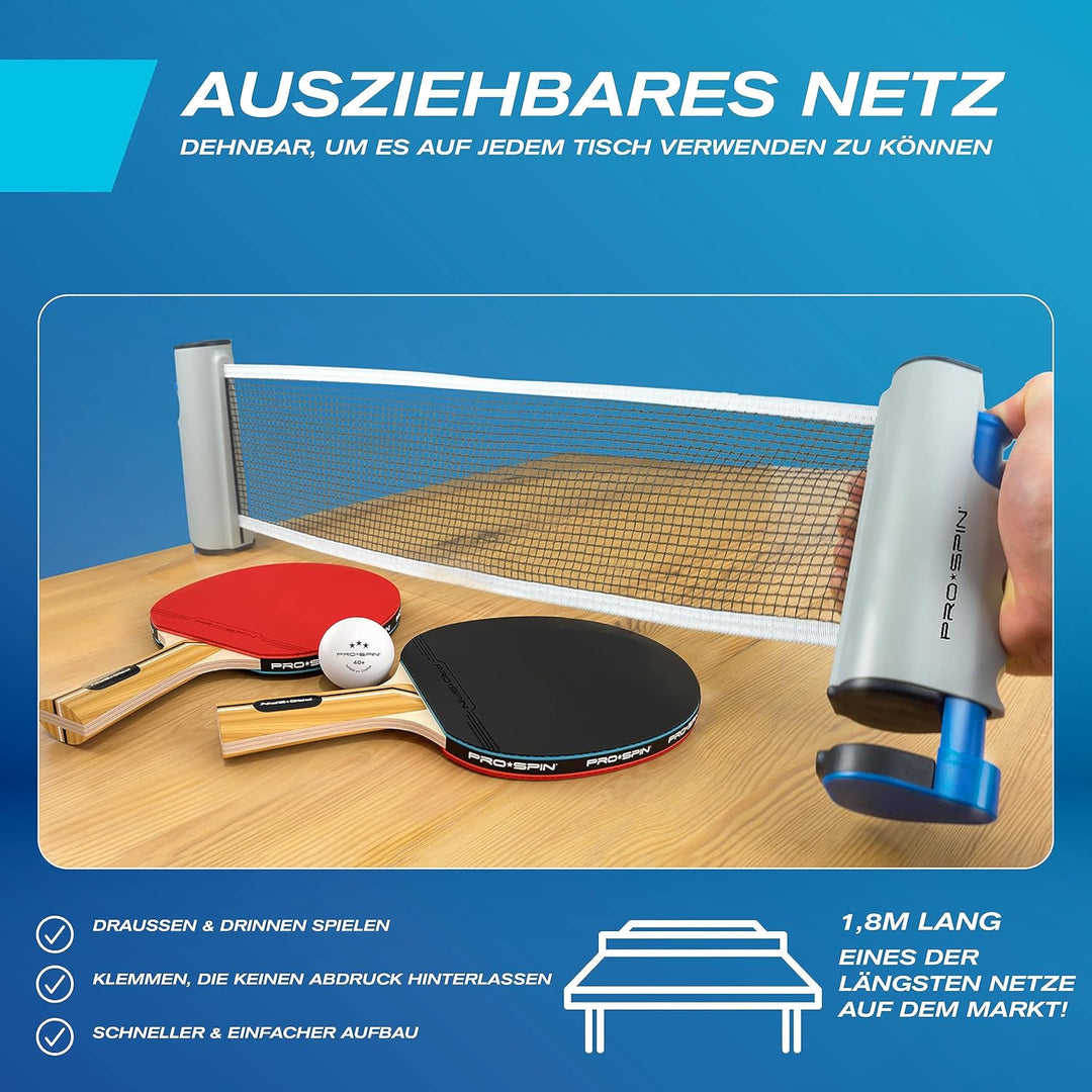 PRO-SPIN Tischtennisschläger Set - Mit Tischtennisnetz Für Jeden Tisch, Tischtennis bälle 3-Sterne,