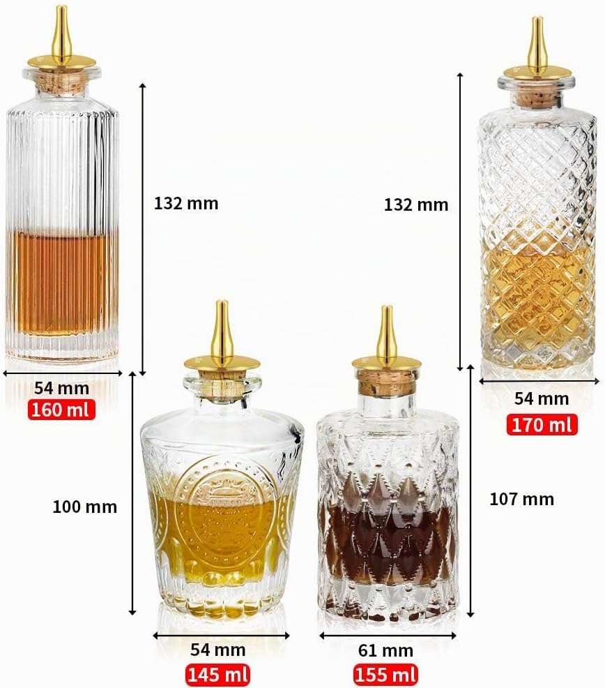 SuproBarware Bitterflasche Glasdasher für Cocktails 4 Stück – Glasflaschen mit Armaturenbrettverschl