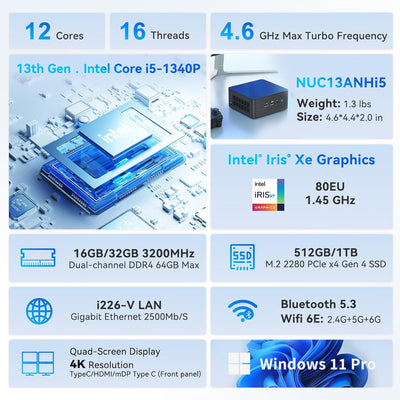 Intel NUC 13 PRO NUC13ANHi5 Arena Canyon, 16 GB RAM 512 GB SSD, Intel Core i5-1340P, Win 11 Pro Mini