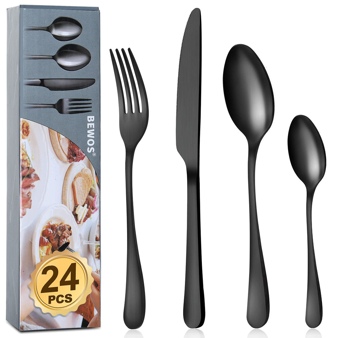 BEWOS 24 Stück Besteck Set, Schwarz Mattiert Essbesteck Set für 6 Personen, Besteck Edelstahl Spiege