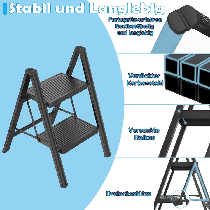 Aufun Trittleiter 2 Stufen, Klappleiter mit breitem Anti-Rutsch-Pedal, Haushaltsleiter Multifunktion