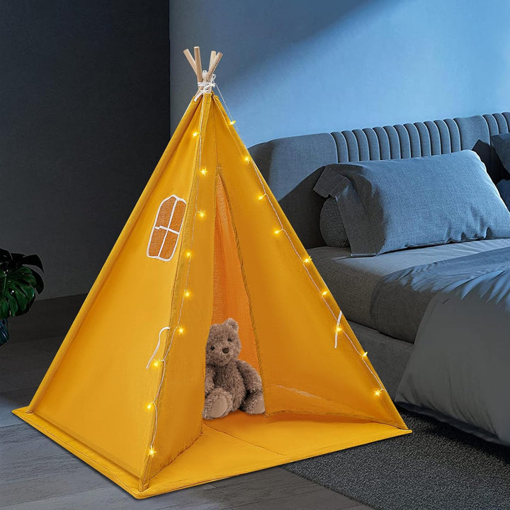 Tipi Zelt für Kinder, Spielzelt Kinder mit weicher Matte & Lichterkette, 1,4m hohes Kinderzelt aus B