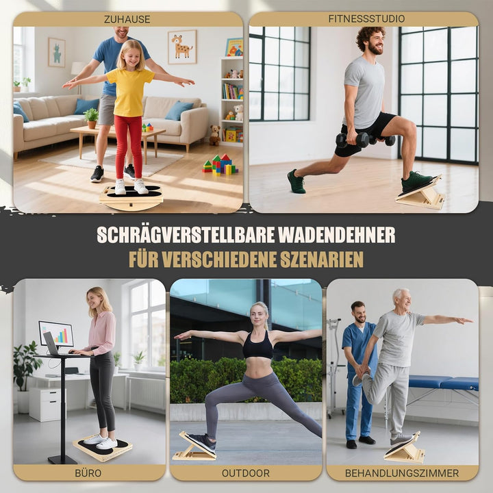 Wadendehner Schrägbrett aus Holz, 3-in-1 Slant Board mit 6 Winkeln und Trainingsposter, Verstellbar
