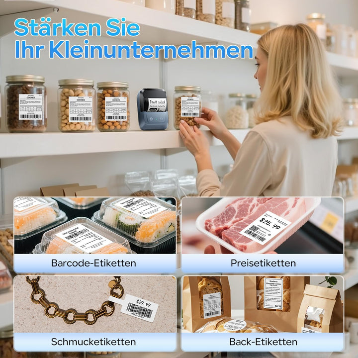 Memoking Etikettendrucker Selbstklebend, Bluetooth Label Printer mit 2000 Symbolen und 300 Vorlagen,