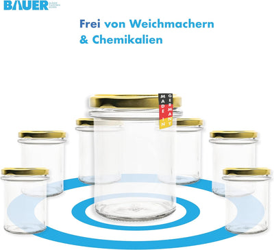 flaschenbauer.de 24er Set Sturzgläser 214 ml inkl. goldene Twist Off Deckel TO66 zum Einmachen von S