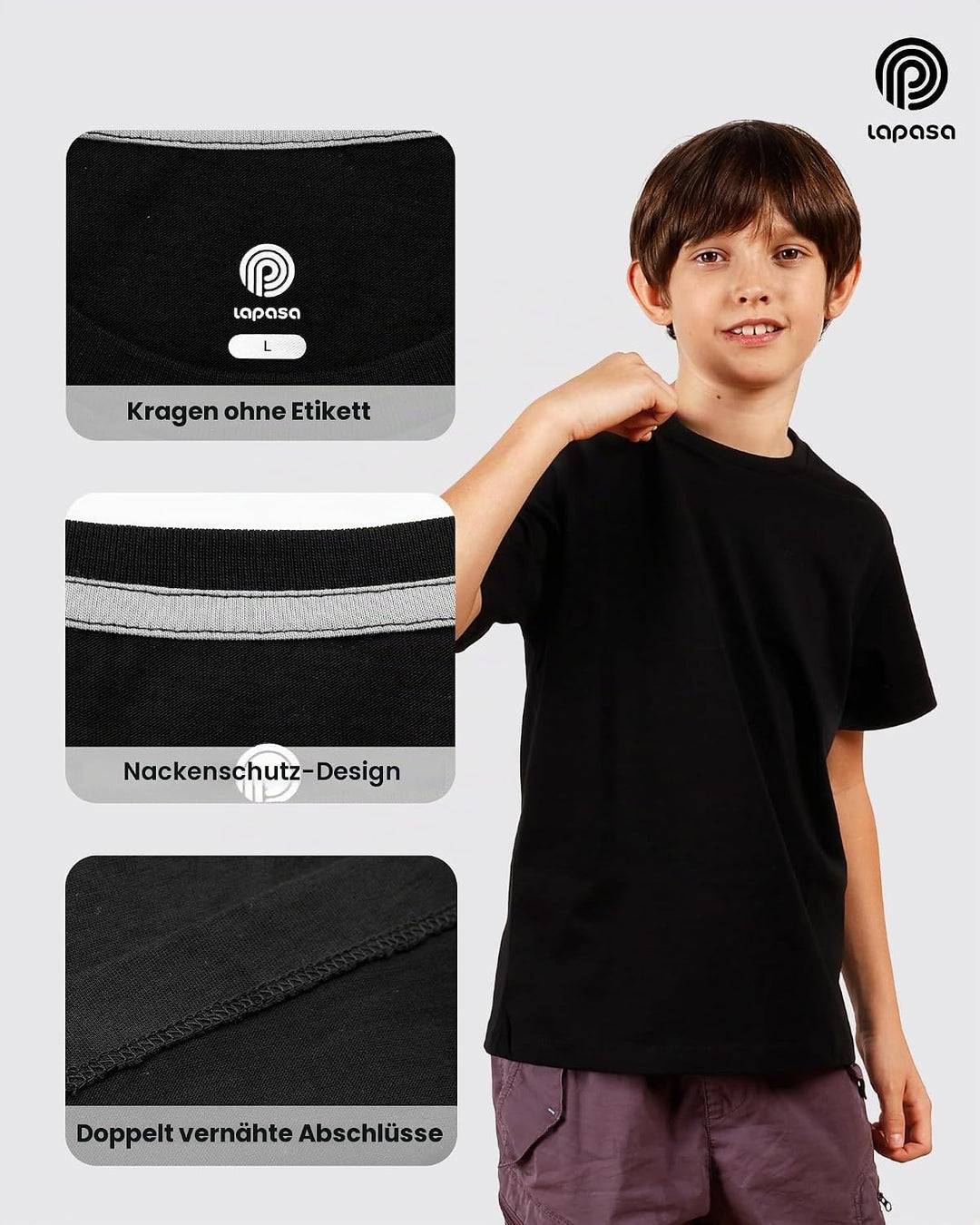 LAPASA Kinder T Shirt 100% Baumwolle 4er Pack Unisex 3-13 Jahre/ 95-165 Jungen Jungs Sport Tshirt K0