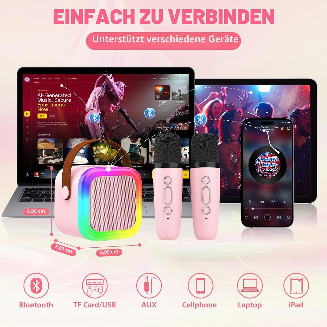 Karaoke-Maschine für Kinder Erwachsene, tragbare Kinder-Karaoke-Lautsprecher mit 2 drahtloses Mikrof