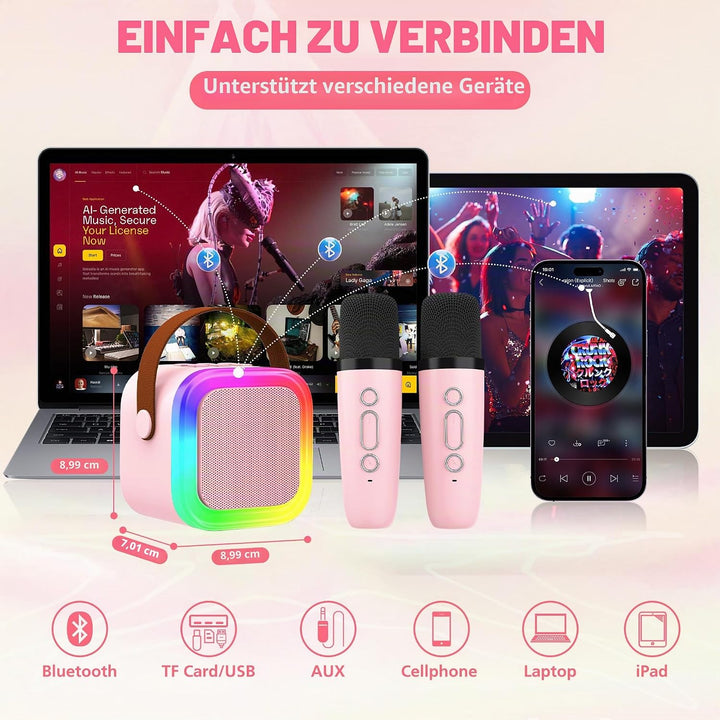 Karaoke-Maschine für Kinder Erwachsene, tragbare Kinder-Karaoke-Lautsprecher mit 2 drahtloses Mikrof