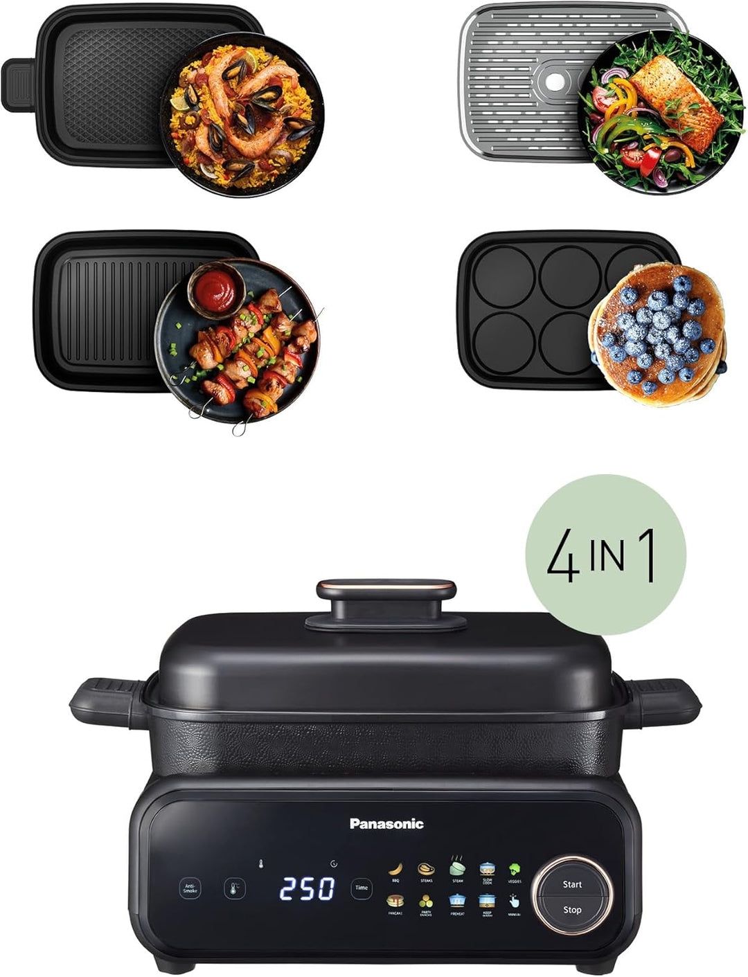 Panasonic NF-GM400KXE 4-in-1 Elektro-Multikocher, Elektro Tischgrill, Braten, Slow Cook, BBQ, Dämpfe