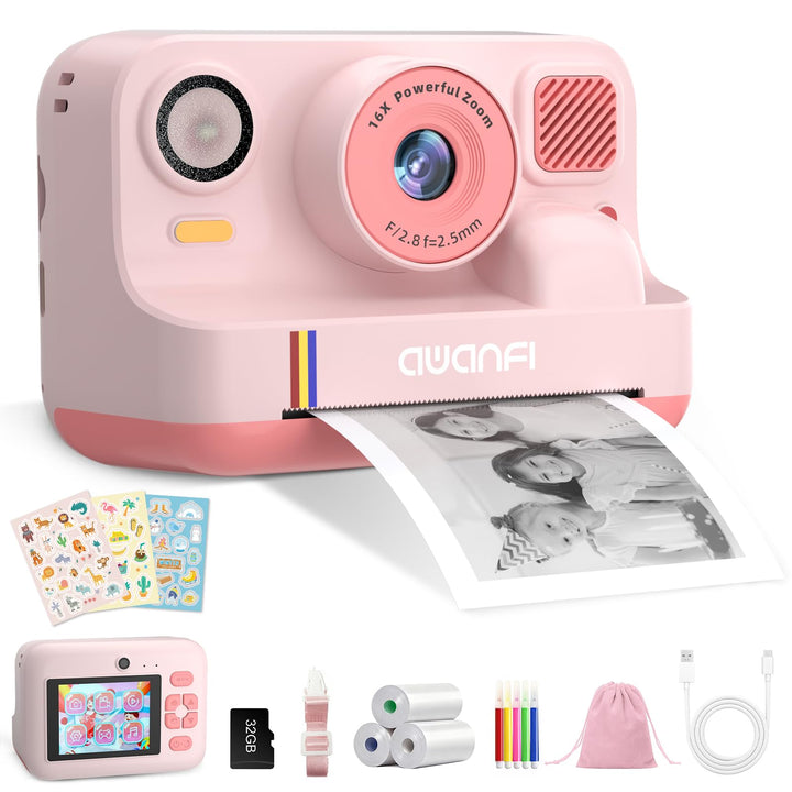 Kinderkamera Sofortbildkamera, 2,4 Zoll Sofortbildkamera Kinder mit 32GB Karte & 3 Rollen Druckpapie