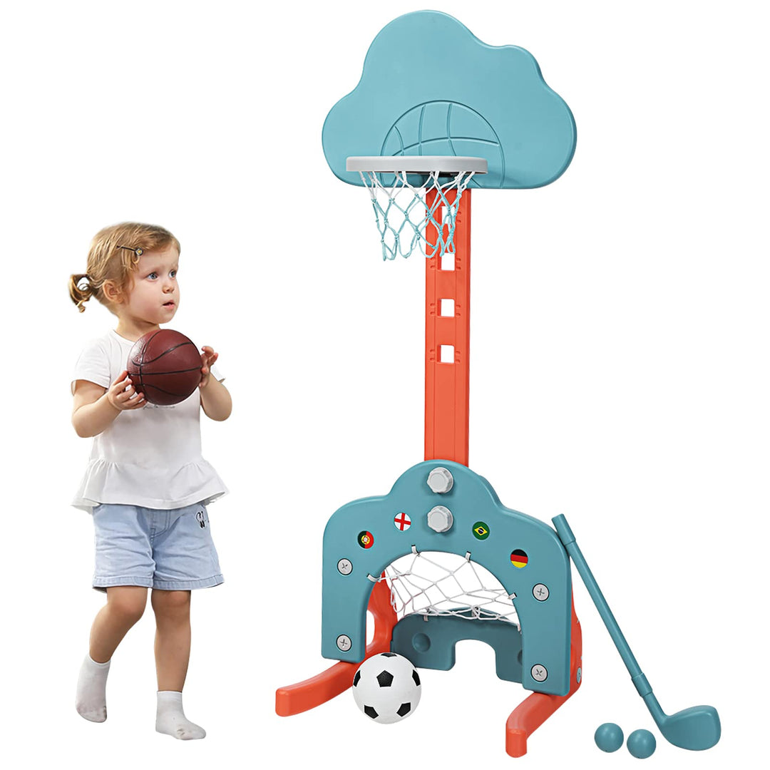 COSTWAY 3 in 1 Kinder Basketballkorb, Basketballständer höhenverstellbar mit Fussballtor &amp; Basketbal