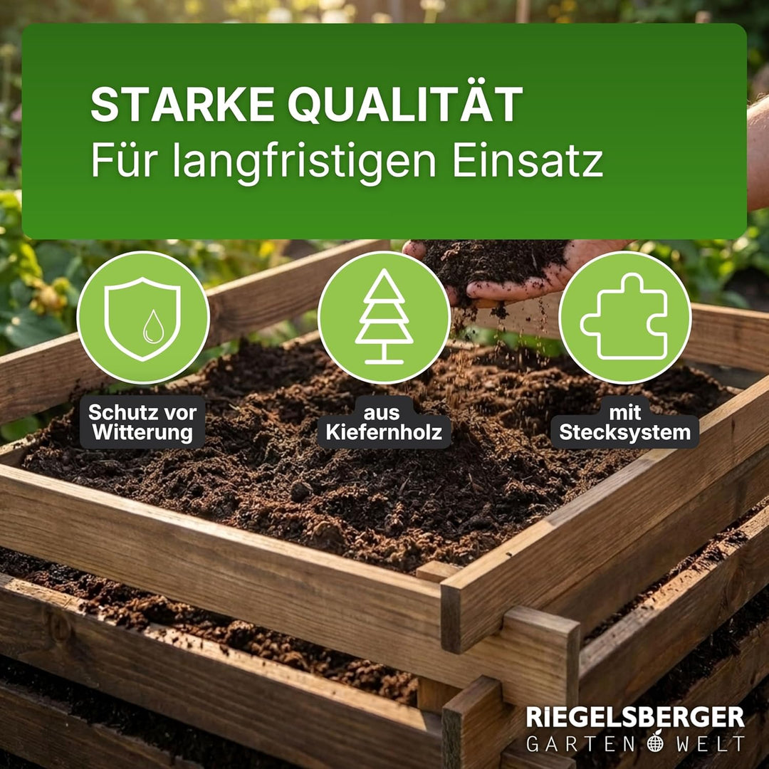 Gartenwelt Riegelsberger Holzkomposter 90x90xH70 cm Kiefer braun kesseldruckimprägniert mit Holz-Ste