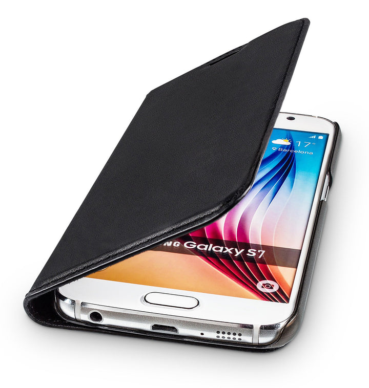 WIIUKA Echt Ledertasche -TRAVEL- für Samsung Galaxy S7 mit Kartenfach, extra Dünn, Tasche Schwarz, L